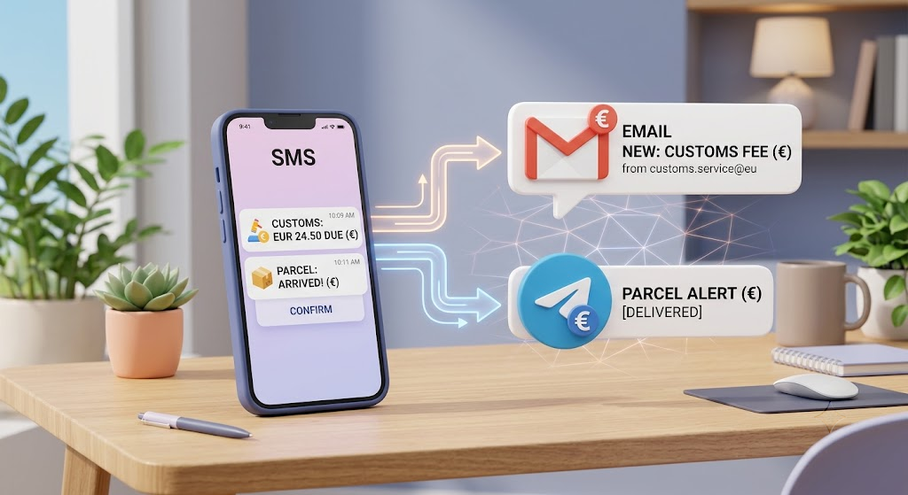 Grafikdiagramm einer SMS-Weiterleitung für Zoll- und Paketnachrichten an E-Mail und Telegram