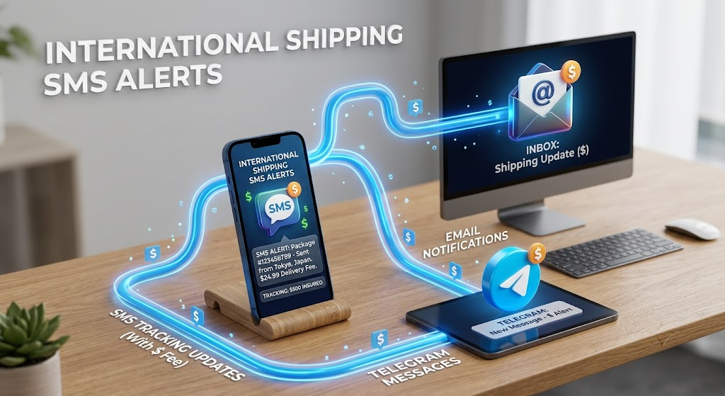 3D graphic diagram of incoming customs clearance and parcel tracking SMS forwarded to Email and Telegram