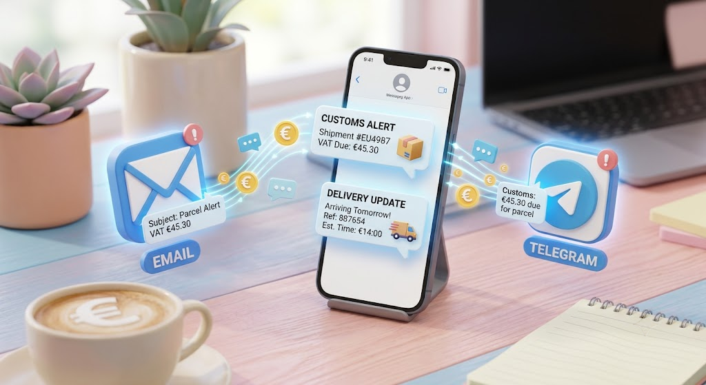 Diagrama gráfico 3D que muestra el reenvío de SMS de aduanas y paquetes a correo electrónico y Telegram