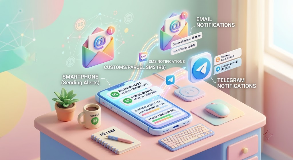 Diagrama 3D mostrando o encaminhamento de SMS de rastreamento e alfândega para e-mail e Telegram