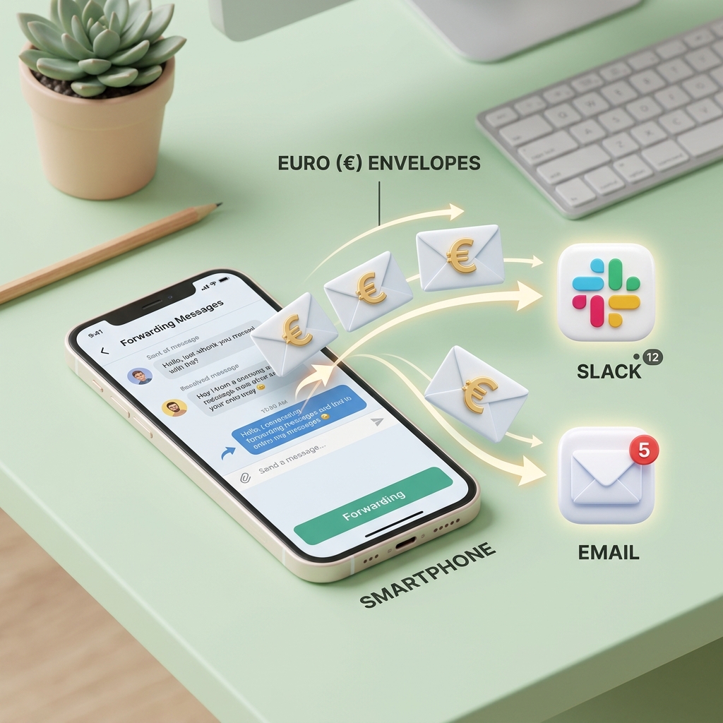 Grafikdiagramm einer SMS-Weiterleitung von einem Smartphone an Slack und E-Mail mit Euro-Symbolen