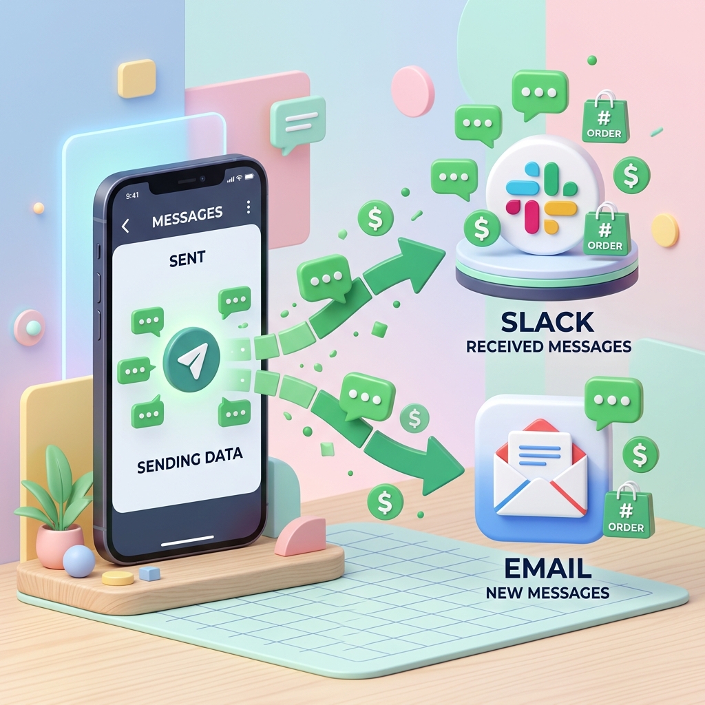 Graphic diagram showing incoming delivery SMS automatically forwarded from a store mobile phone to Slack and Email channels