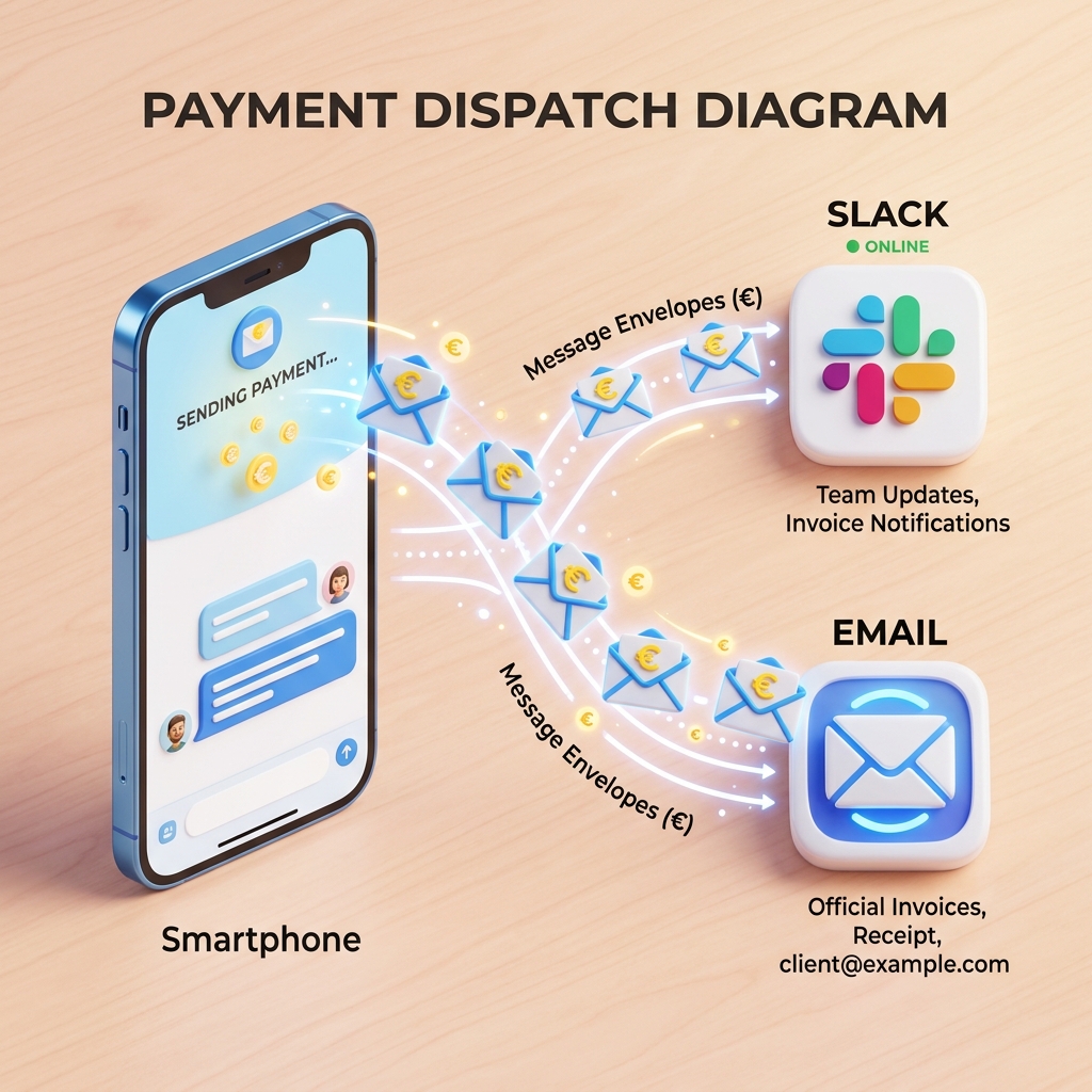 Diagrama gráfico 3D que muestra el reenvío de SMS de pedidos desde un teléfono inteligente a canales de Slack y correo electrónico con símbolos de Euro