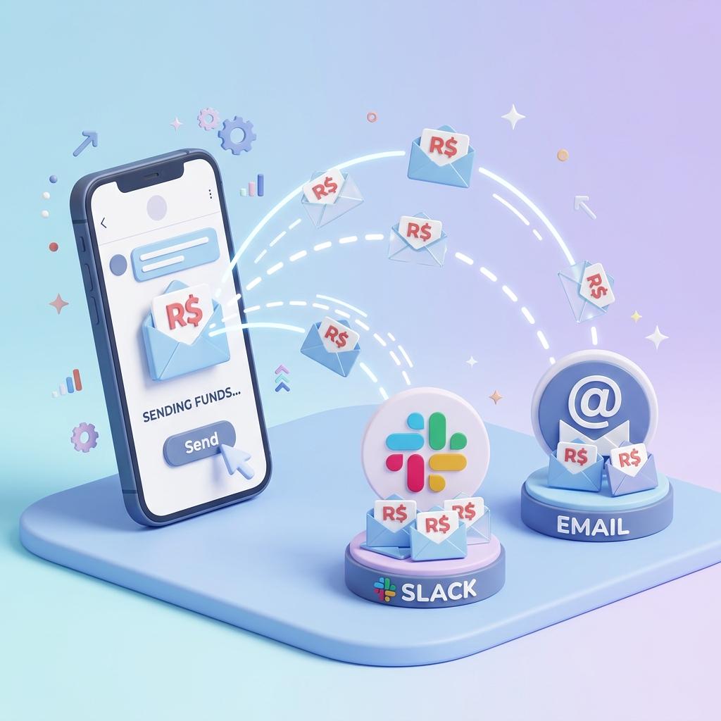 Diagrama 3D mostrando o encaminhamento de SMS de pedidos de um celular para canais de Slack e e-mail com símbolos de Reais (R$)