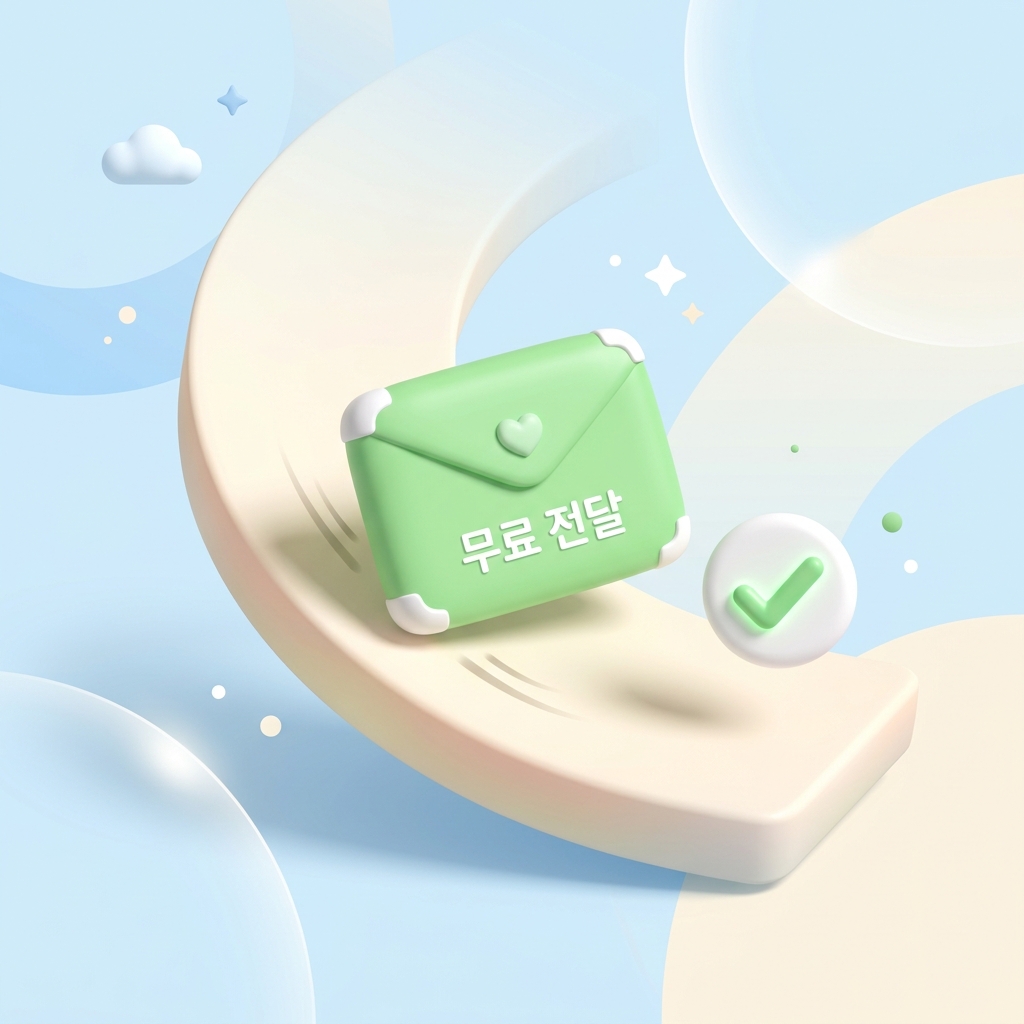 두 대의 안드로이드 스마트폰 사이에서 편지 봉투 형태의 무료 문자 전달 데이터가 부드럽게 무선 전송되는 3D 일러스트 그래픽