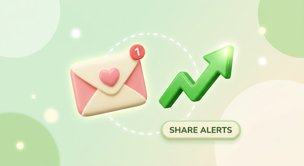 A 3D graphic showing a stock chart and a pink letter envelope representing real-time stock alert forwarding for collaborative investing.