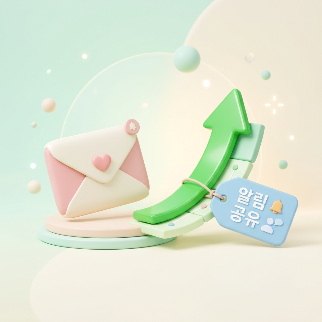 주식 상승 그래프와 하트가 그려진 편지 봉투가 깔끔한 파스텔 톤 3D 그래픽으로 구현되어 주식 알림 실시간 무료 문자 전달 과정을 표현한 일러스트