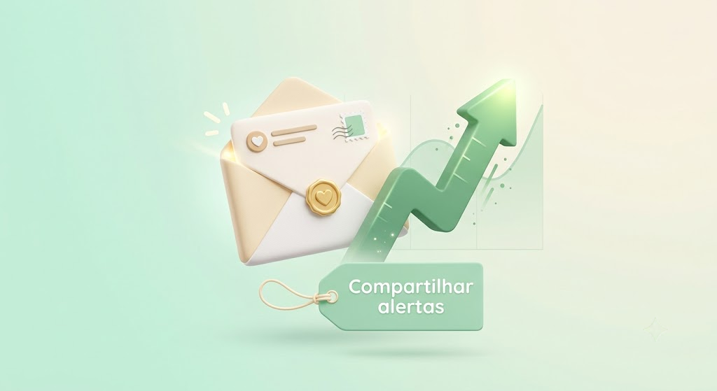 Um gráfico 3D que mostra uma curva de ações e um envelope de carta rosa, representando o encaminhamento de alertas de ações em tempo real.